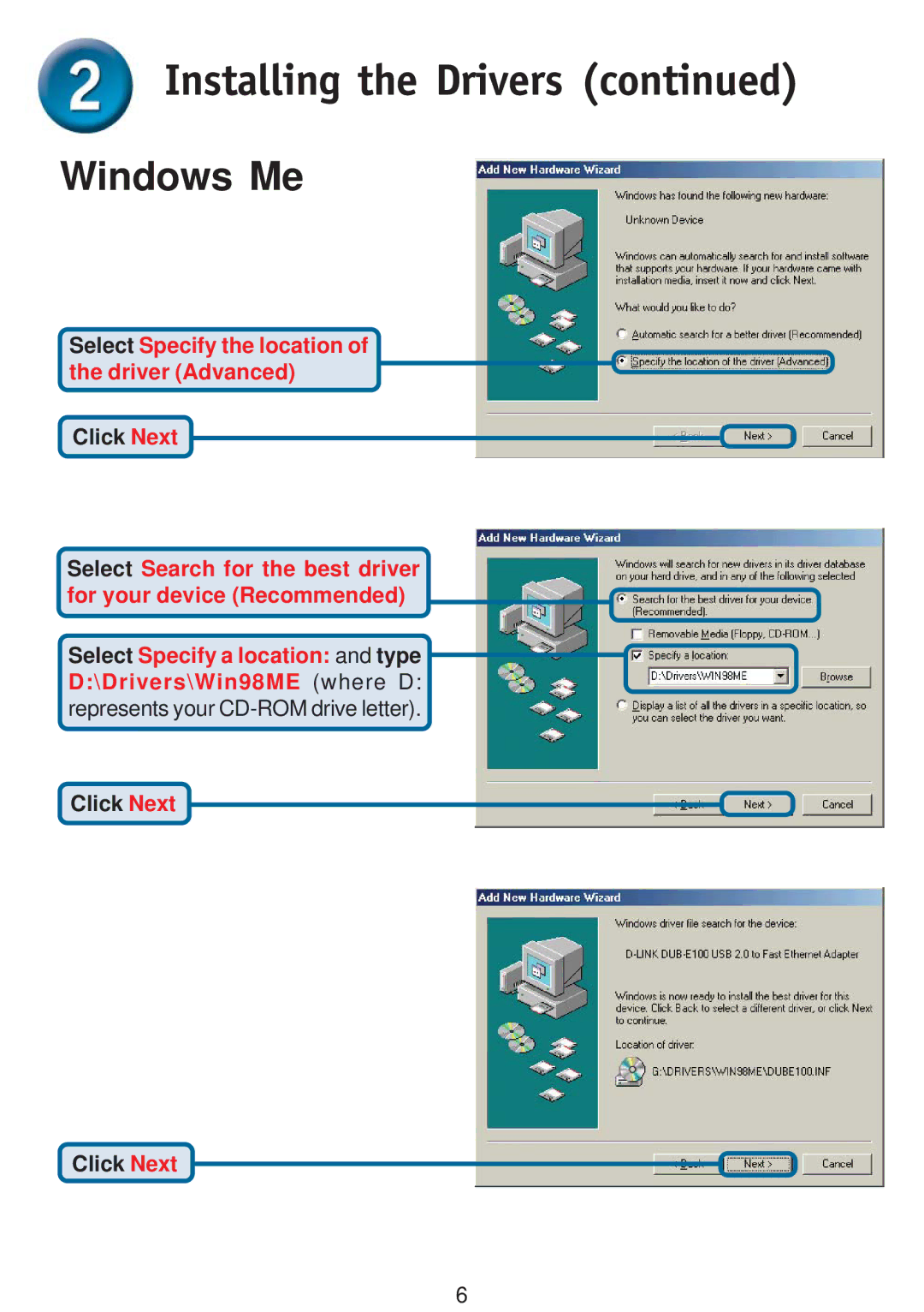 D-Link DUB-E100 specifications Windows Me 