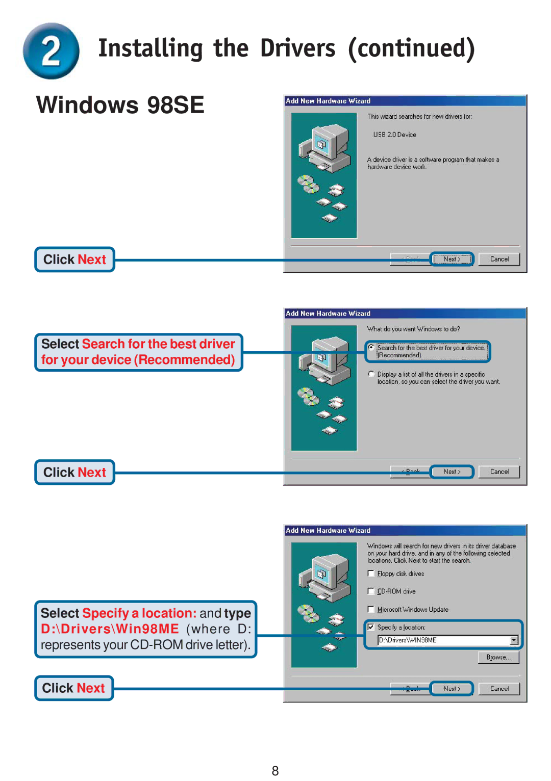 D-Link DUB-E100 specifications Windows 98SE 