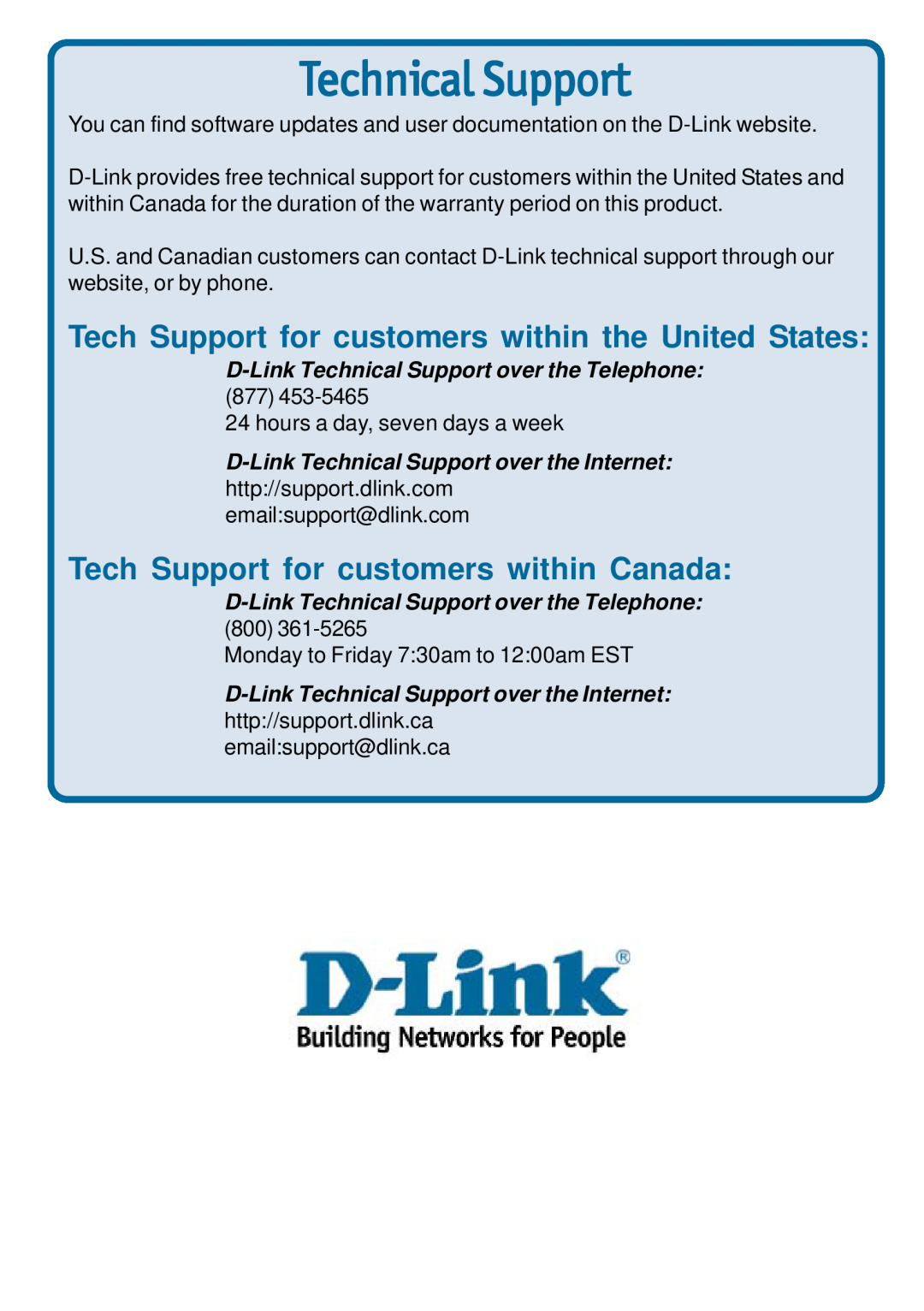 D-Link DUB-E100 specifications Technical Support, Tech Support for customers within the United States 