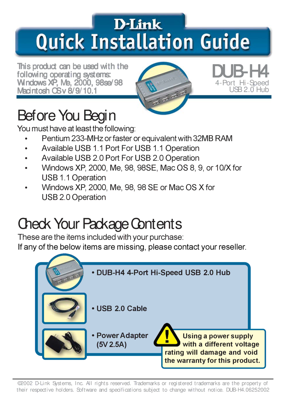 D-Link DUB-H4 warranty Before You Begin, Check Your Package Contents 