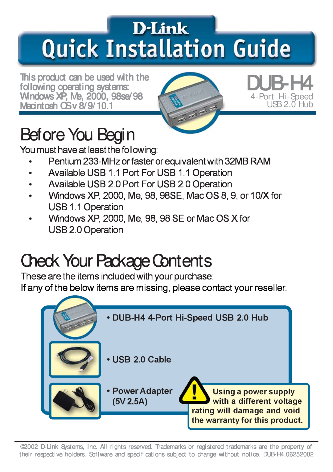 D-Link DUB-H4 warranty Before You Begin, Check Your Package Contents 