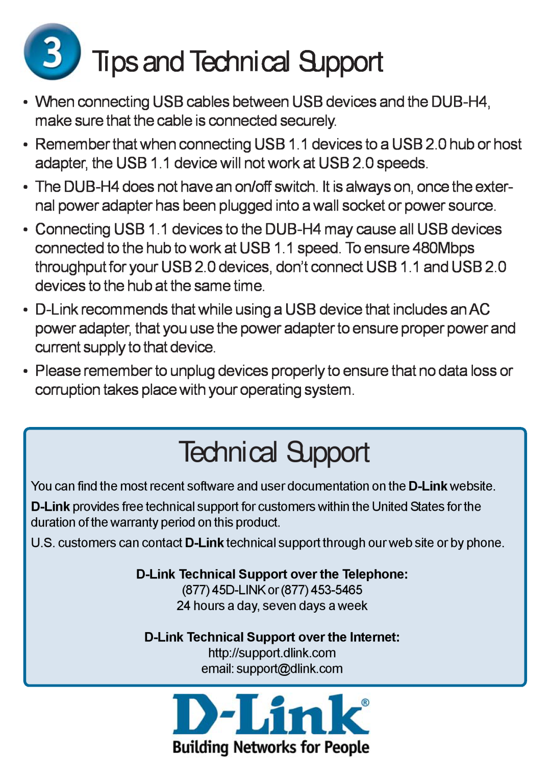D-Link DUB-H4 warranty Tips and Technical Support, D-Link Technical Support over the Telephone 
