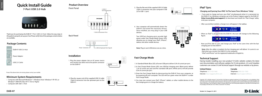 D-Link DUB-H7 manual Package Contents, Minimum System Requirements, Product Overview, Installation, Fast-Charge Mode 