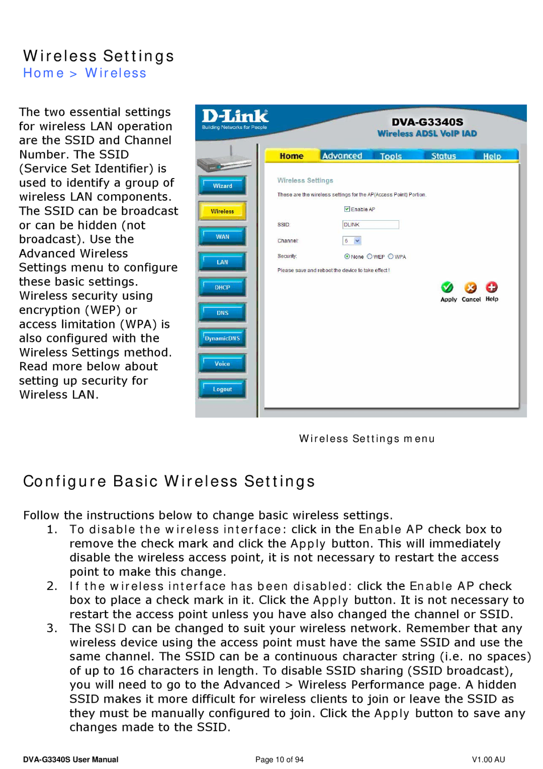 D-Link DVA-G3340S manual Configure Basic Wireless Settings, Home Wireless 