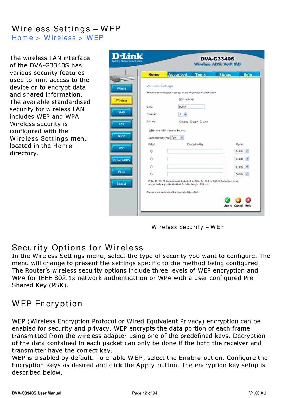 D-Link DVA-G3340S manual Wireless Settings − WEP, Security Options for Wireless, WEP Encryption, Home Wireless WEP 