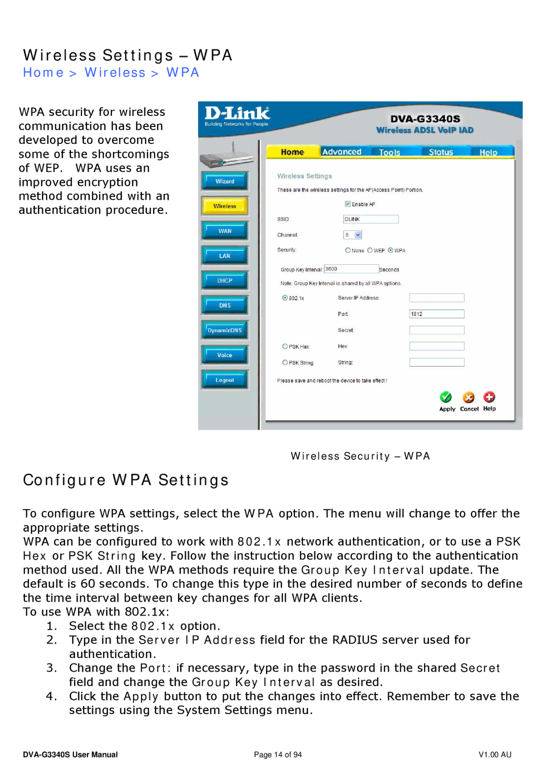 D-Link DVA-G3340S manual Wireless Settings − WPA, Configure WPA Settings, Home Wireless WPA 