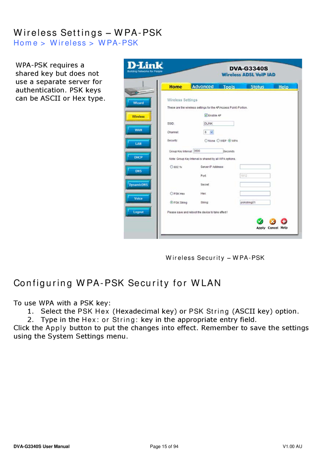 D-Link DVA-G3340S manual Wireless Settings − WPA-PSK, Configuring WPA-PSK Security for Wlan, Home Wireless WPA-PSK 