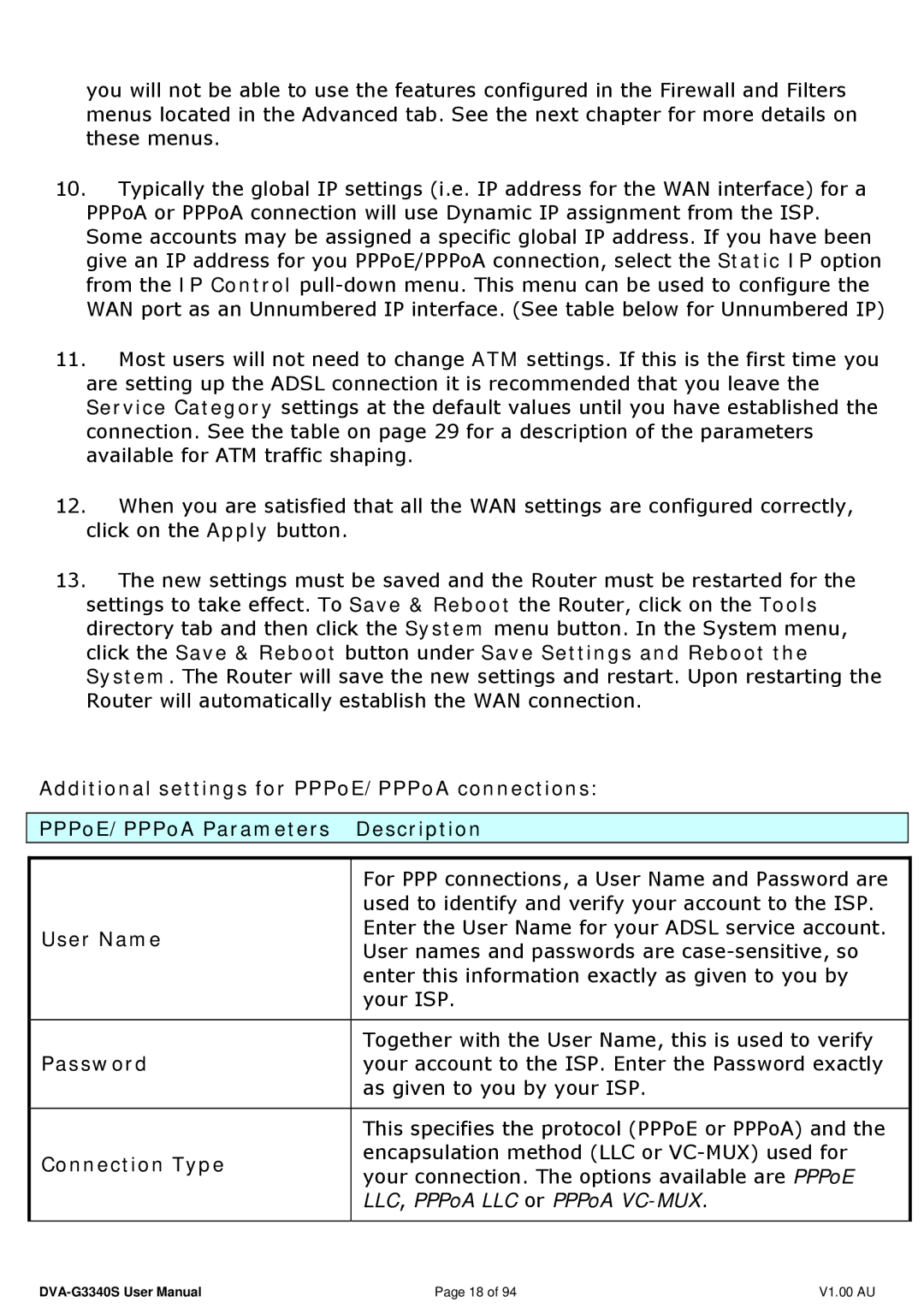 D-Link DVA-G3340S manual User Name, Password, Connection Type 