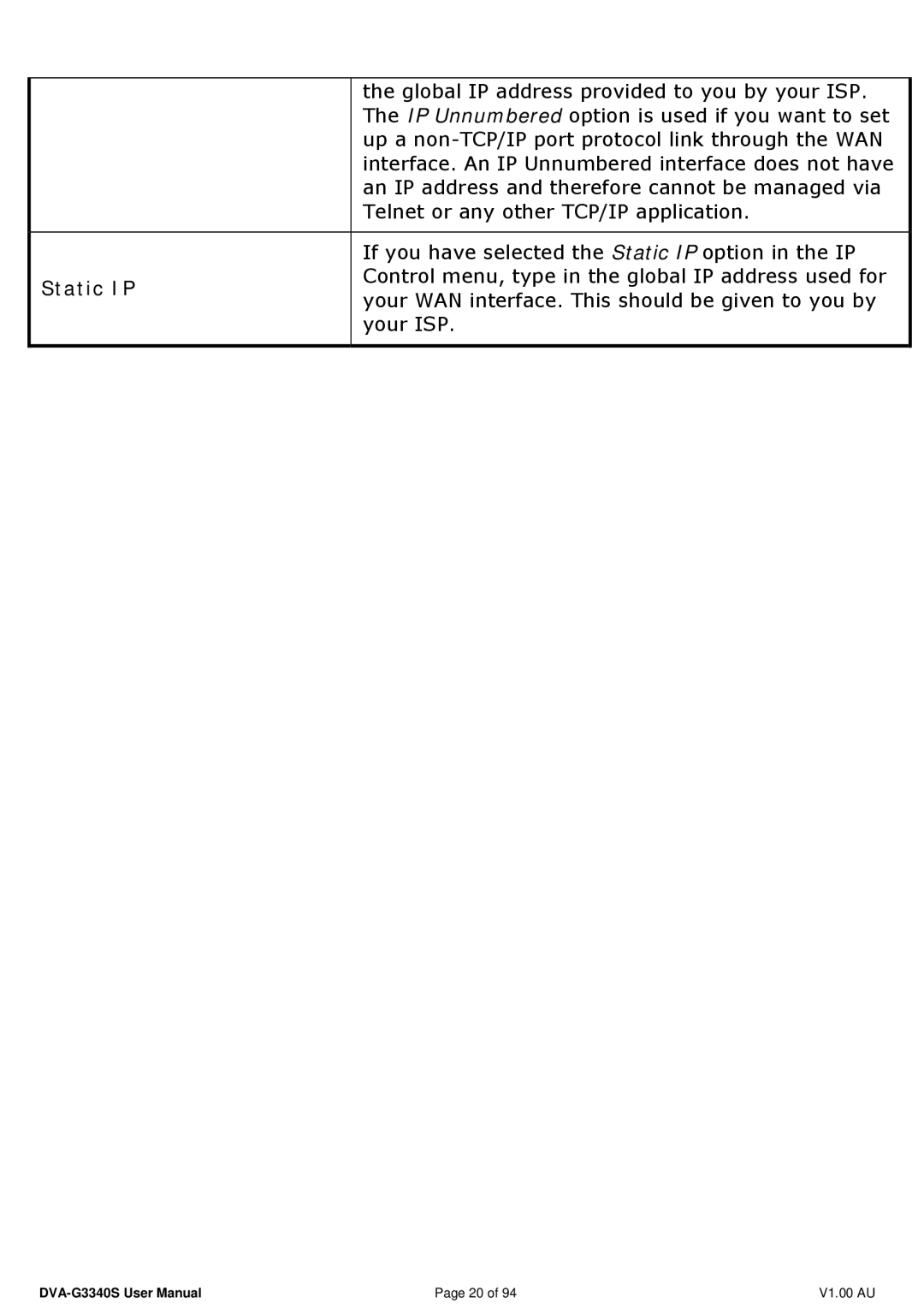 D-Link DVA-G3340S manual Static IP 