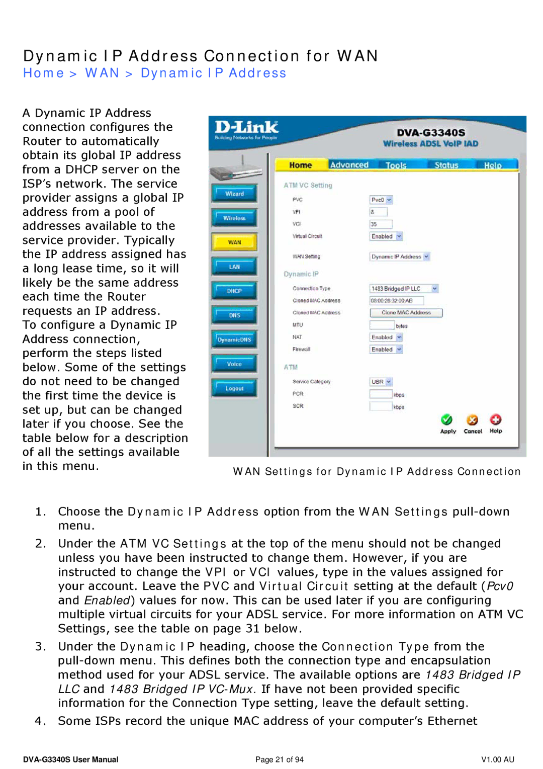 D-Link DVA-G3340S manual Dynamic IP Address Connection for WAN, Home WAN Dynamic IP Address 