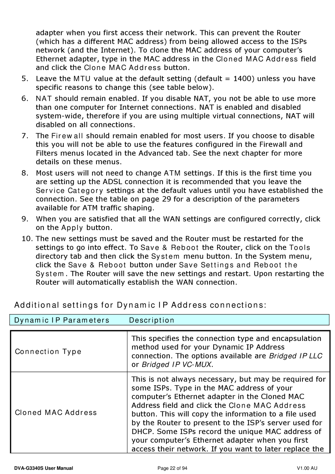 D-Link DVA-G3340S manual Additional settings for Dynamic IP Address connections, Dynamic IP Parameters Description 