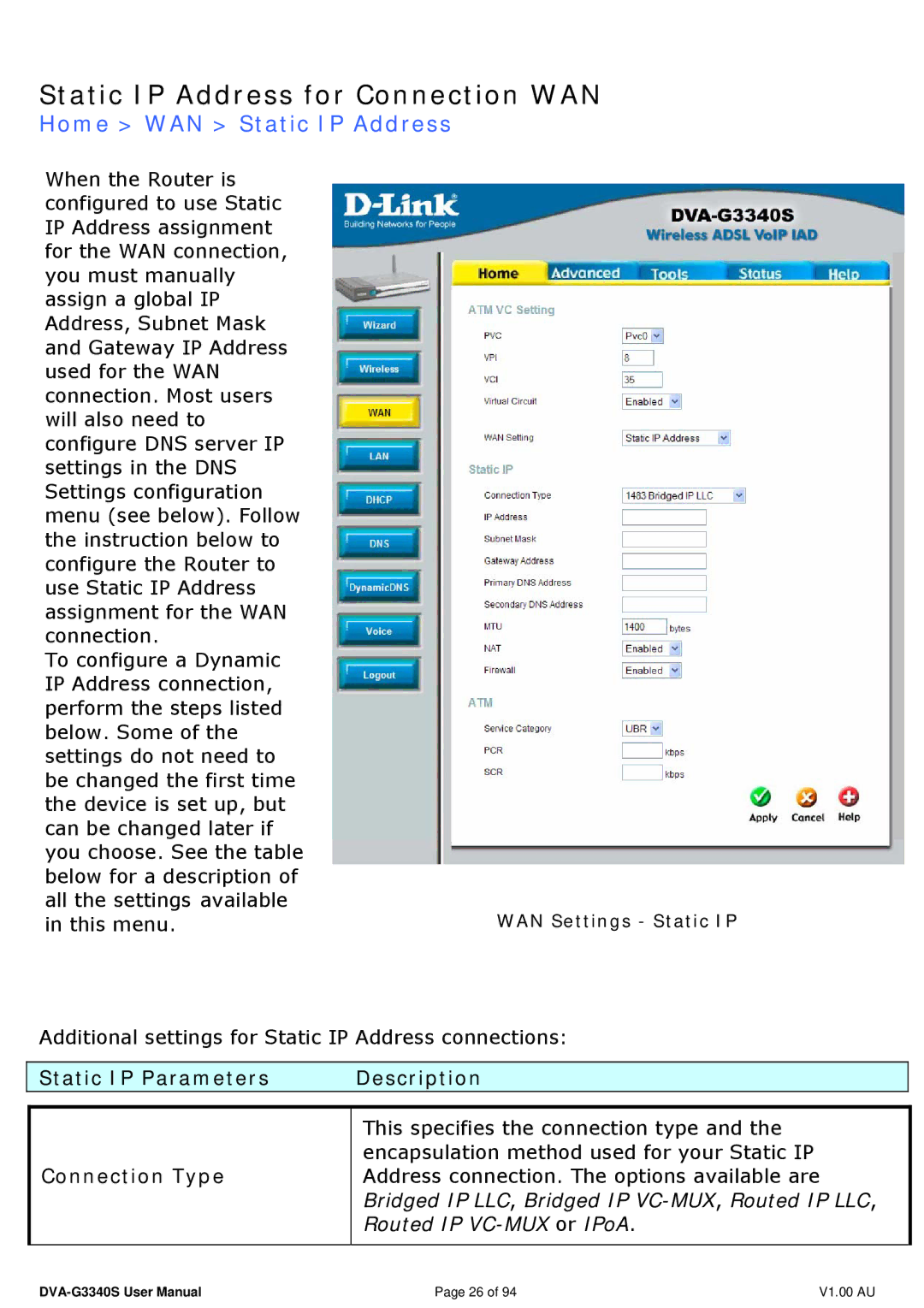 D-Link DVA-G3340S manual Static IP Address for Connection WAN, Home WAN Static IP Address, This menu 