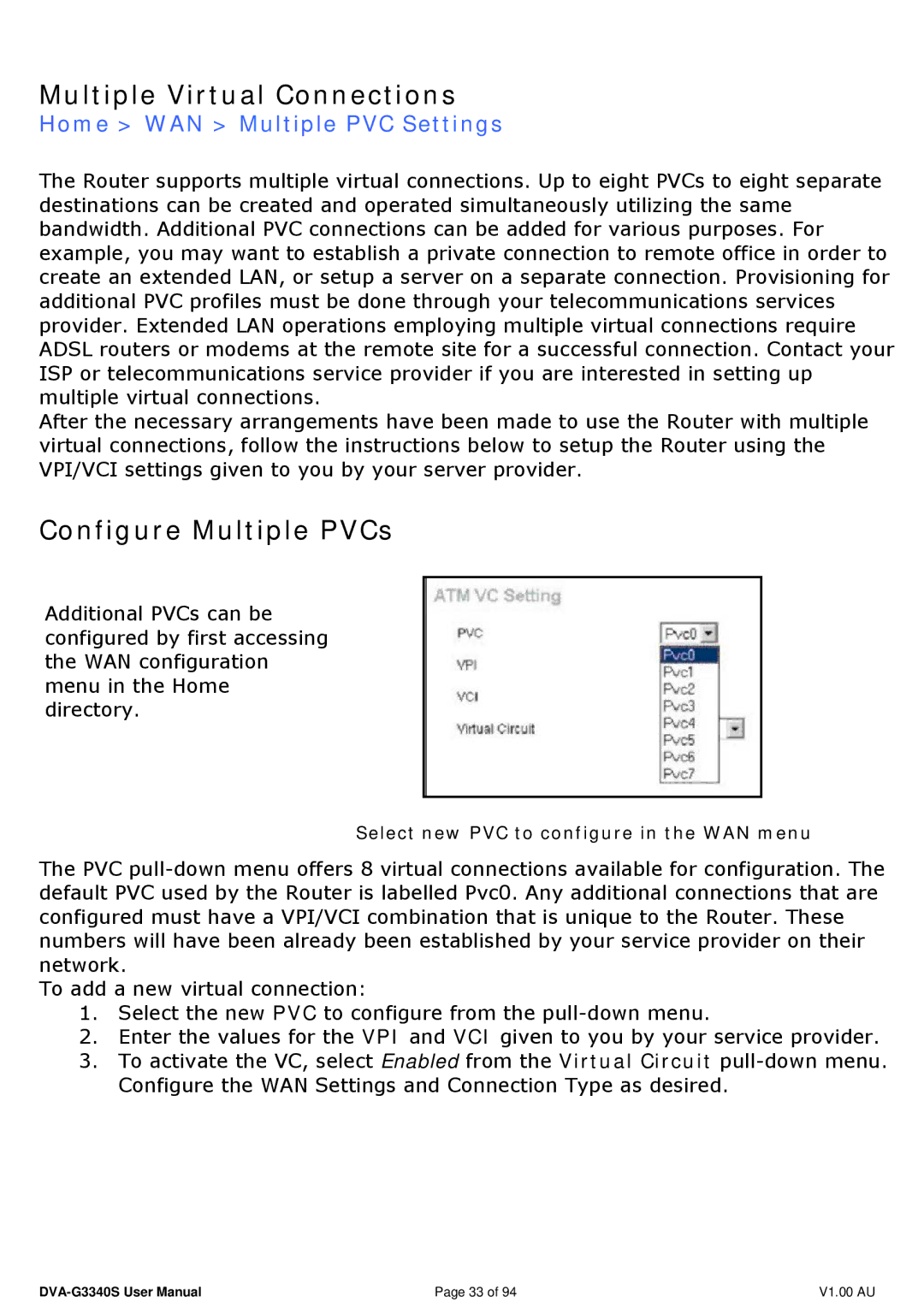 D-Link DVA-G3340S manual Multiple Virtual Connections, Configure Multiple PVCs, Home WAN Multiple PVC Settings 