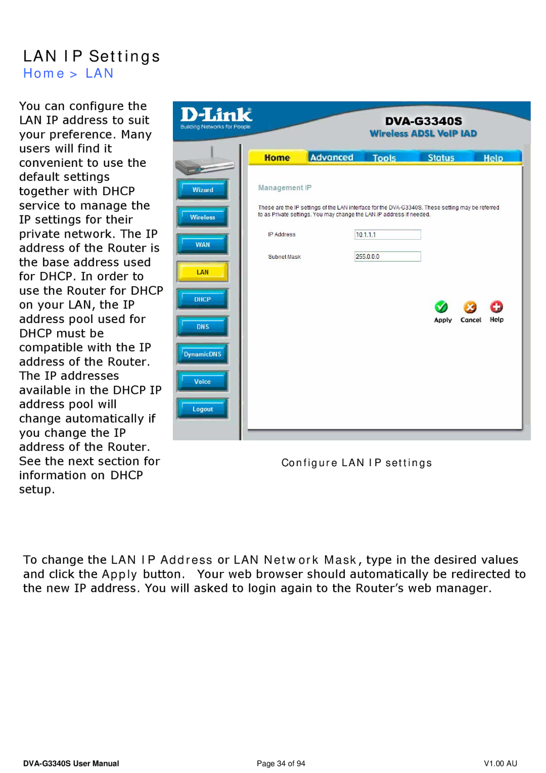 D-Link DVA-G3340S manual LAN IP Settings, Home LAN 