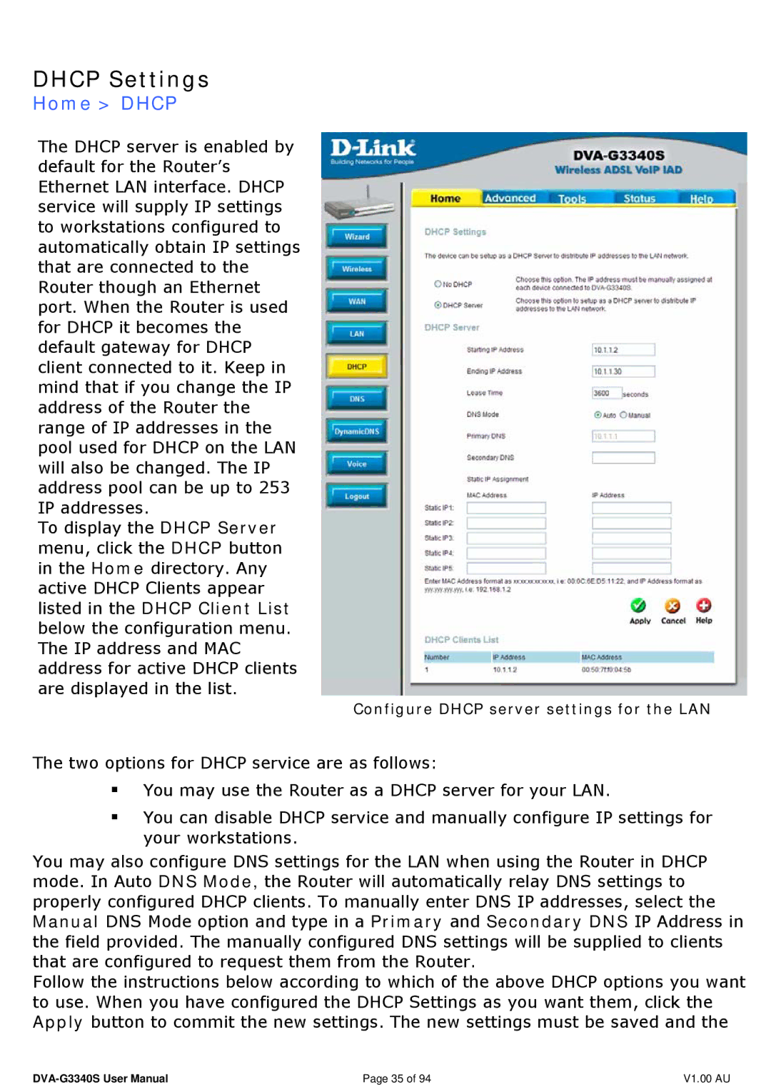 D-Link DVA-G3340S manual Dhcp Settings, Home Dhcp 