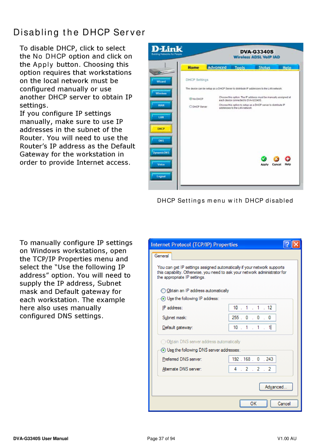 D-Link DVA-G3340S manual Disabling the Dhcp Server 