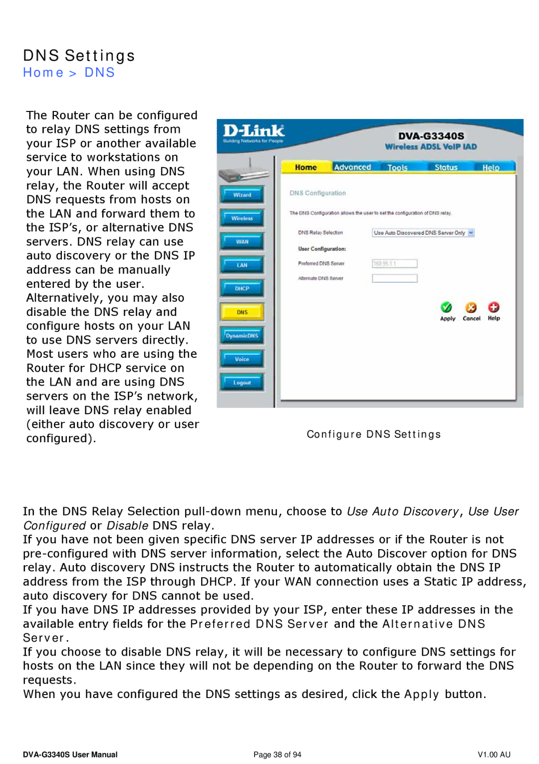 D-Link DVA-G3340S manual DNS Settings, Home DNS 