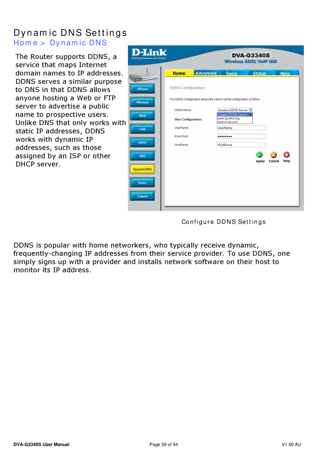 D-Link DVA-G3340S manual Dynamic DNS Settings, Home Dynamic DNS 