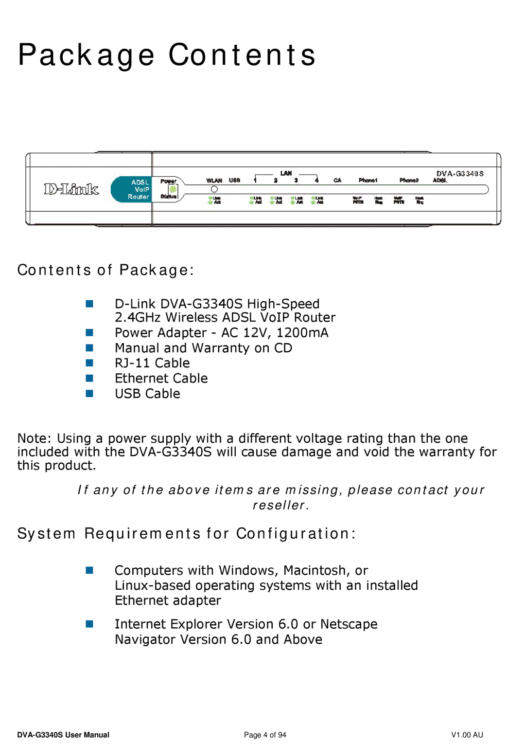 D-Link DVA-G3340S manual Package Contents 