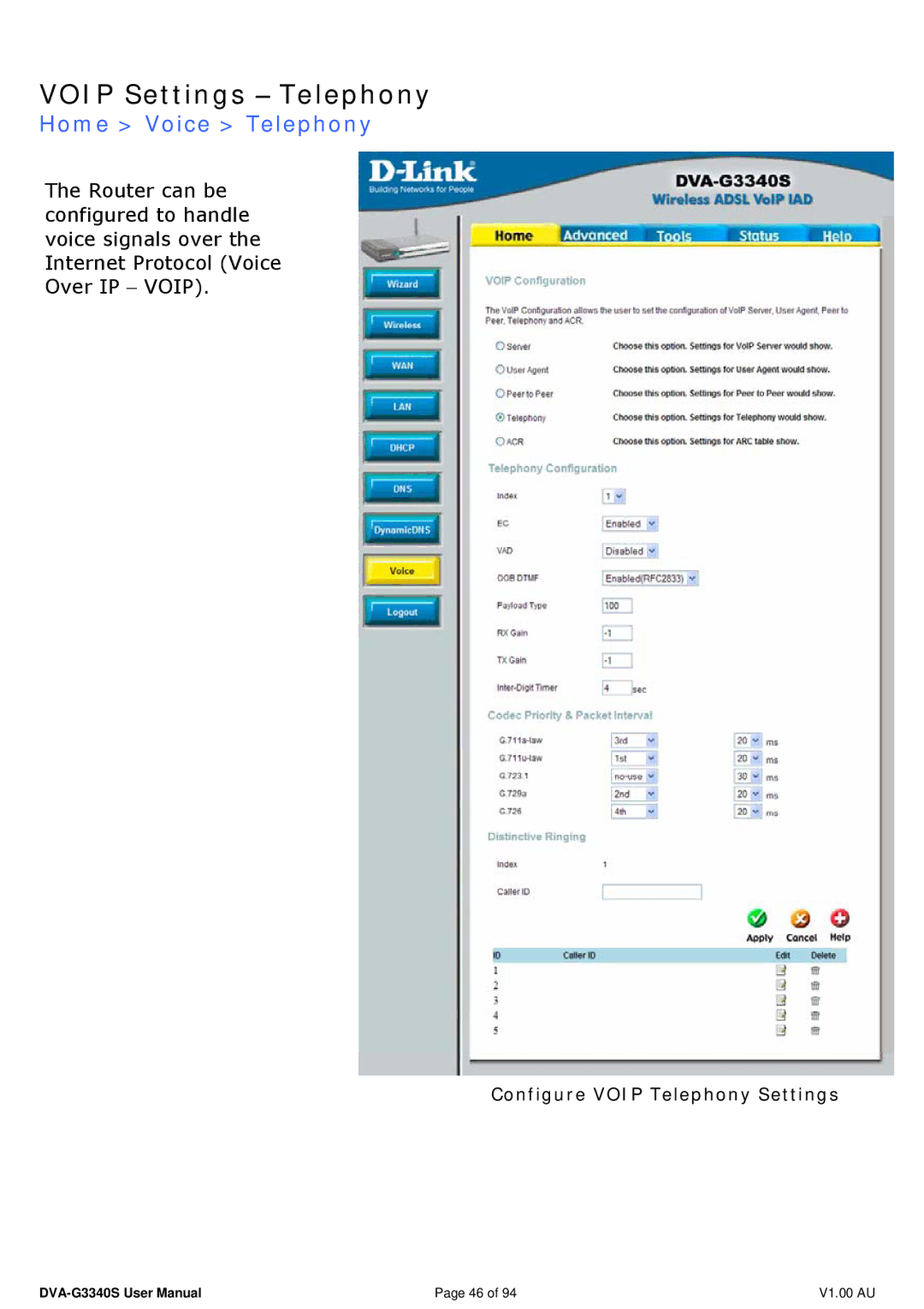 D-Link DVA-G3340S manual Voip Settings − Telephony, Home Voice Telephony 