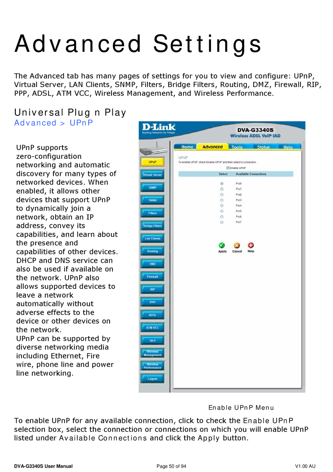 D-Link DVA-G3340S manual Universal Plug n Play, Advanced UPnP 