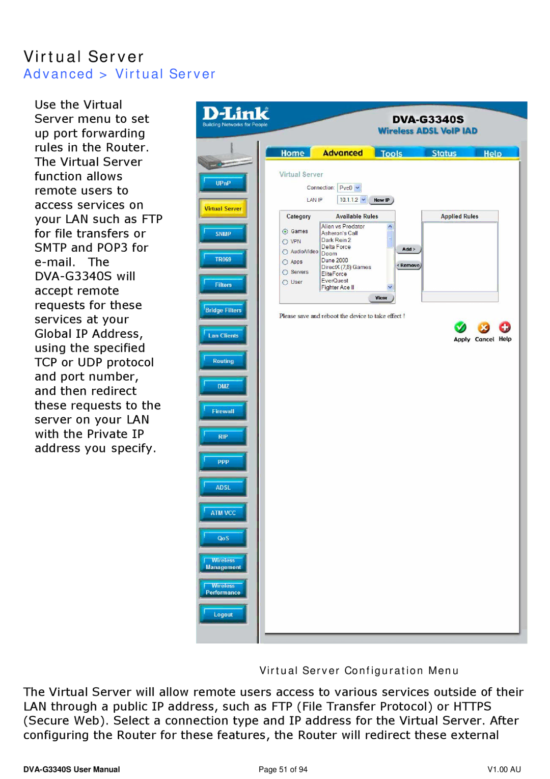 D-Link DVA-G3340S manual Advanced Virtual Server 