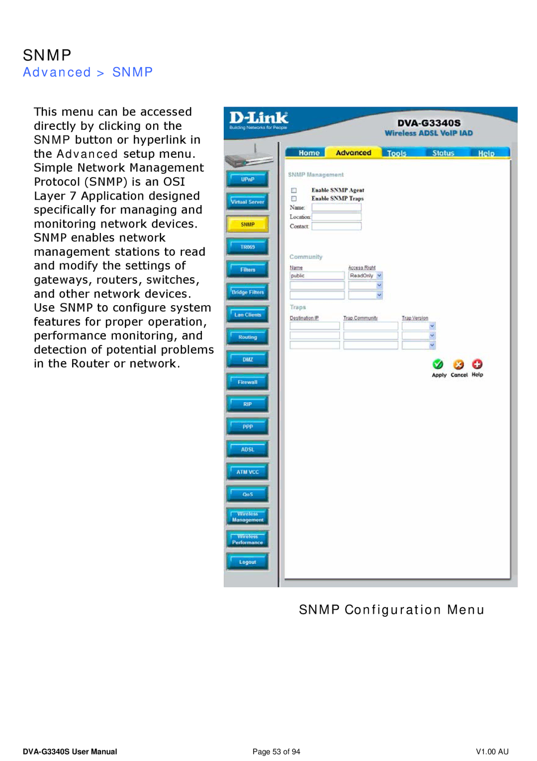 D-Link DVA-G3340S manual Advanced Snmp, Snmp Configuration Menu 