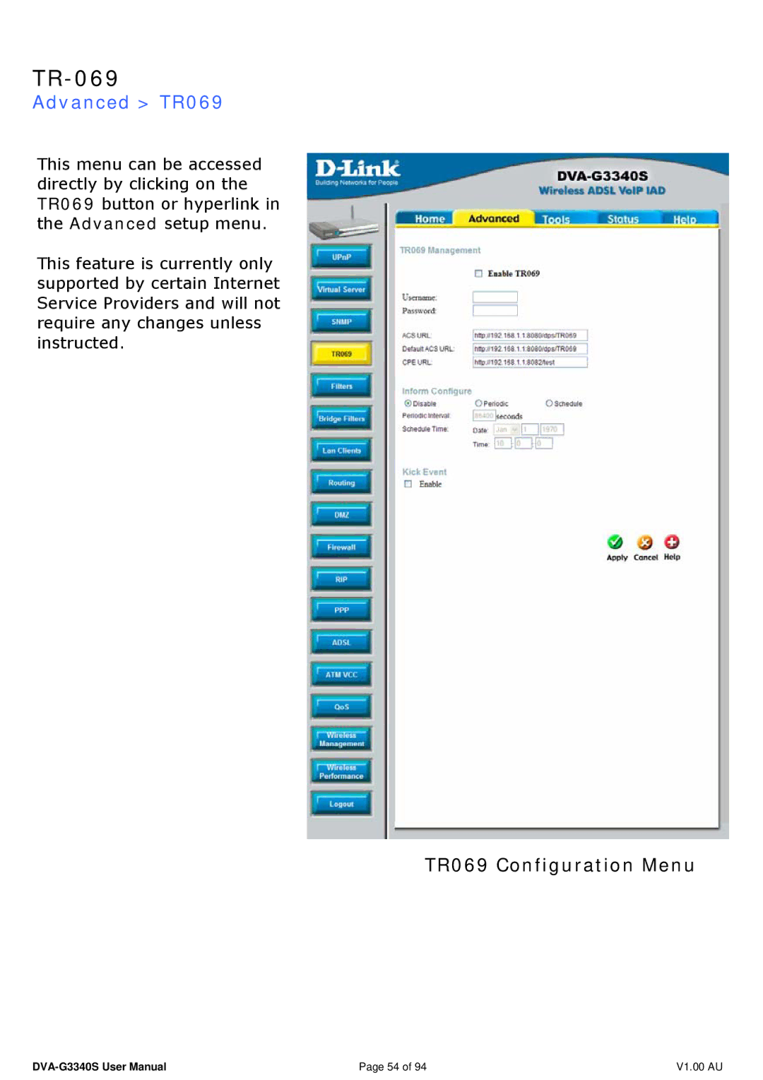 D-Link DVA-G3340S manual TR-069, Advanced TR069, TR069 Configuration Menu 