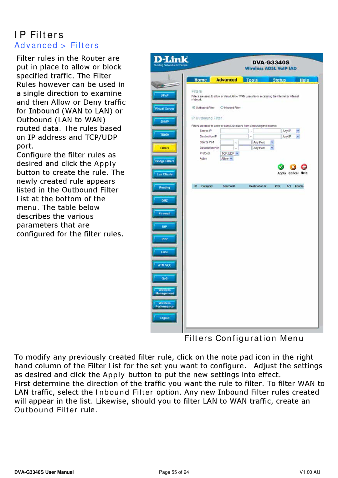 D-Link DVA-G3340S manual IP Filters, Advanced Filters, Filters Configuration Menu 