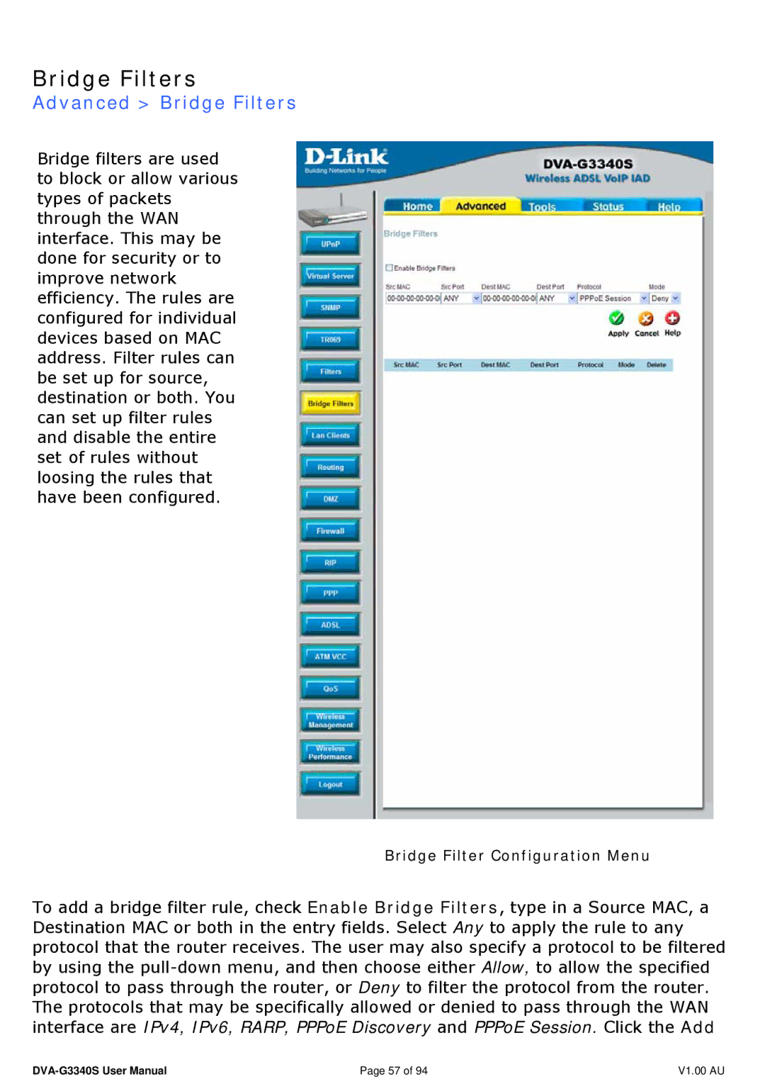 D-Link DVA-G3340S manual Advanced Bridge Filters 