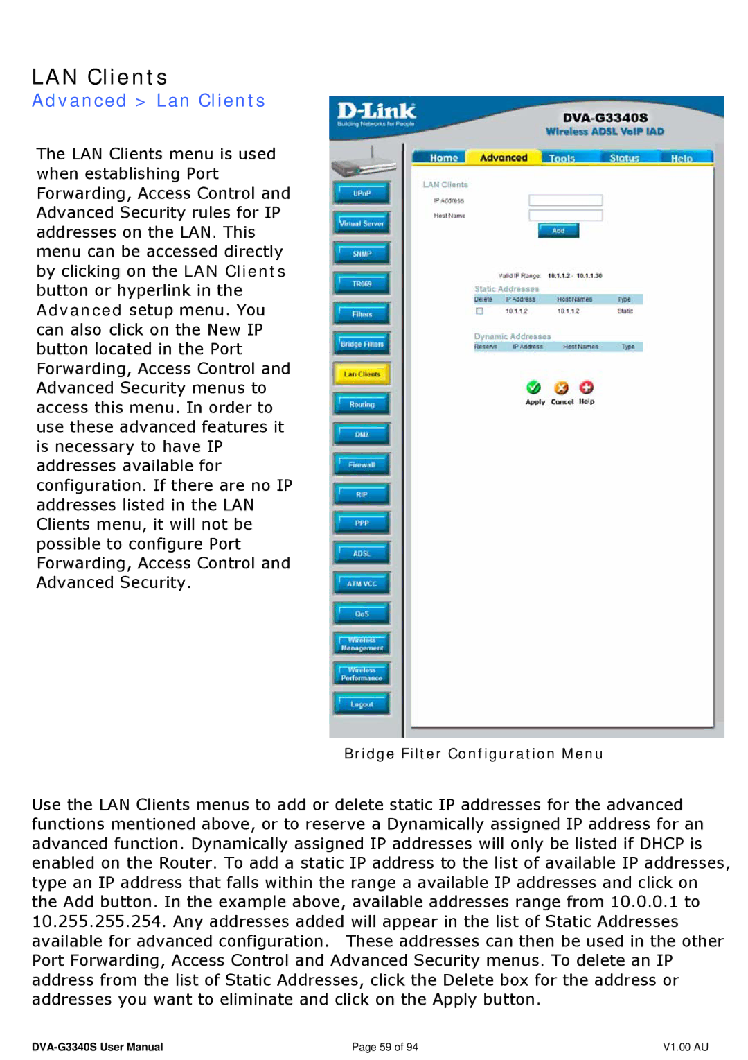 D-Link DVA-G3340S manual LAN Clients, Advanced Lan Clients 