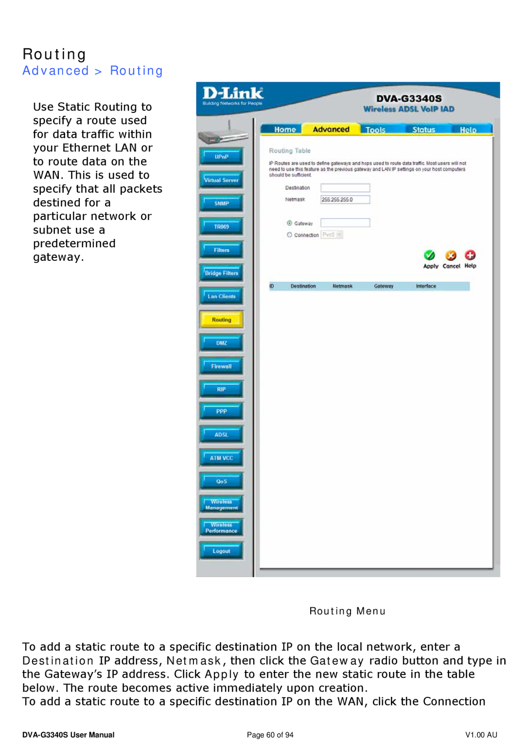 D-Link DVA-G3340S manual Advanced Routing 