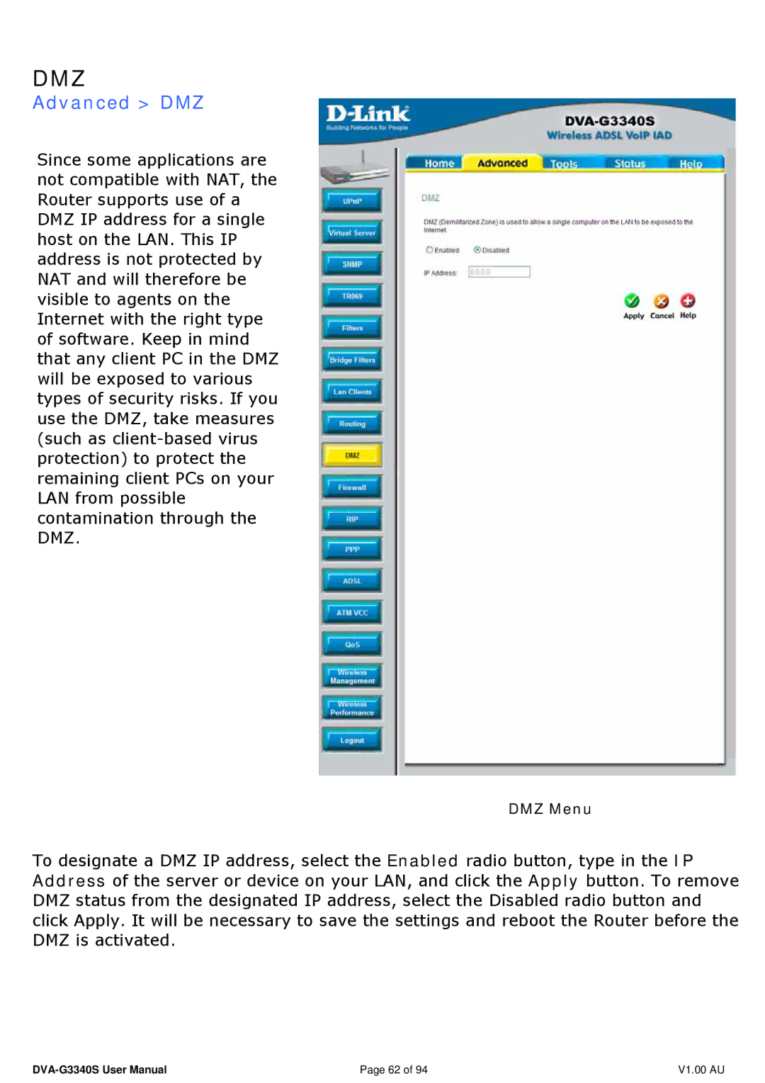 D-Link DVA-G3340S manual Dmz, Advanced DMZ 