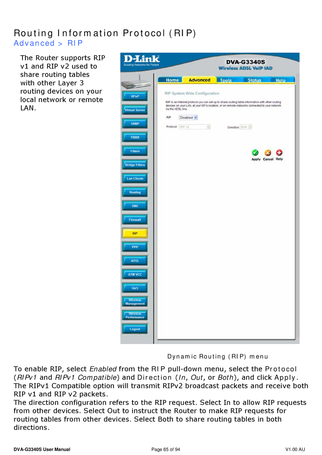 D-Link DVA-G3340S manual Routing Information Protocol RIP, Advanced RIP 