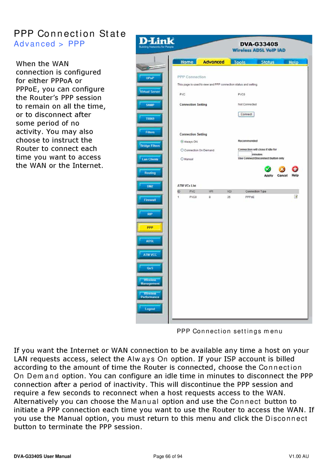 D-Link DVA-G3340S manual PPP Connection State, Advanced PPP 