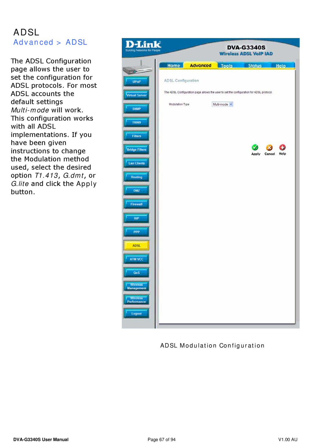 D-Link DVA-G3340S manual Advanced Adsl 