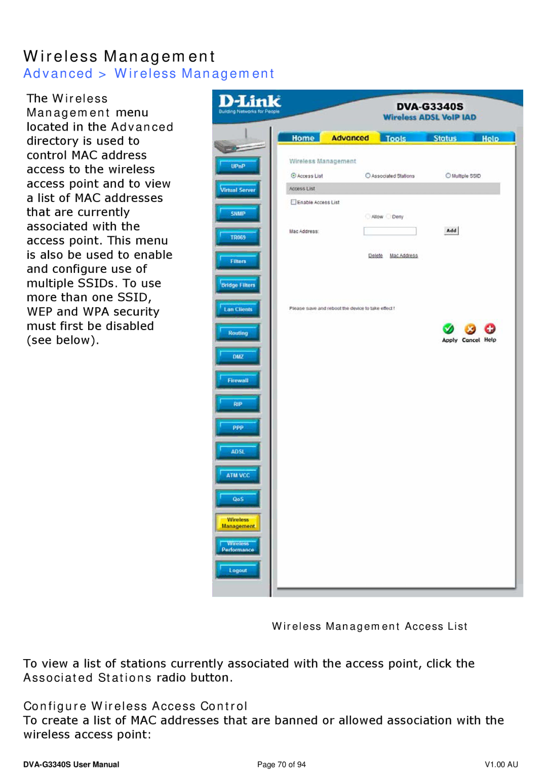 D-Link DVA-G3340S manual Advanced Wireless Management, Configure Wireless Access Control 