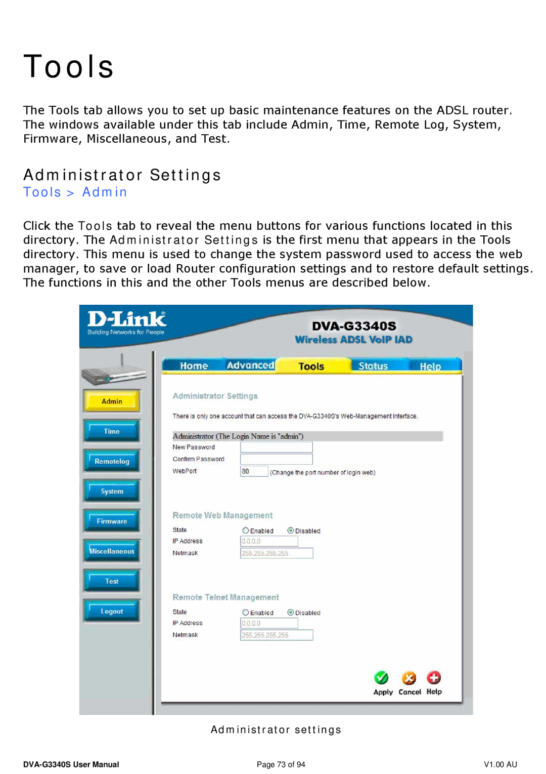 D-Link DVA-G3340S manual Administrator Settings, Tools Admin 