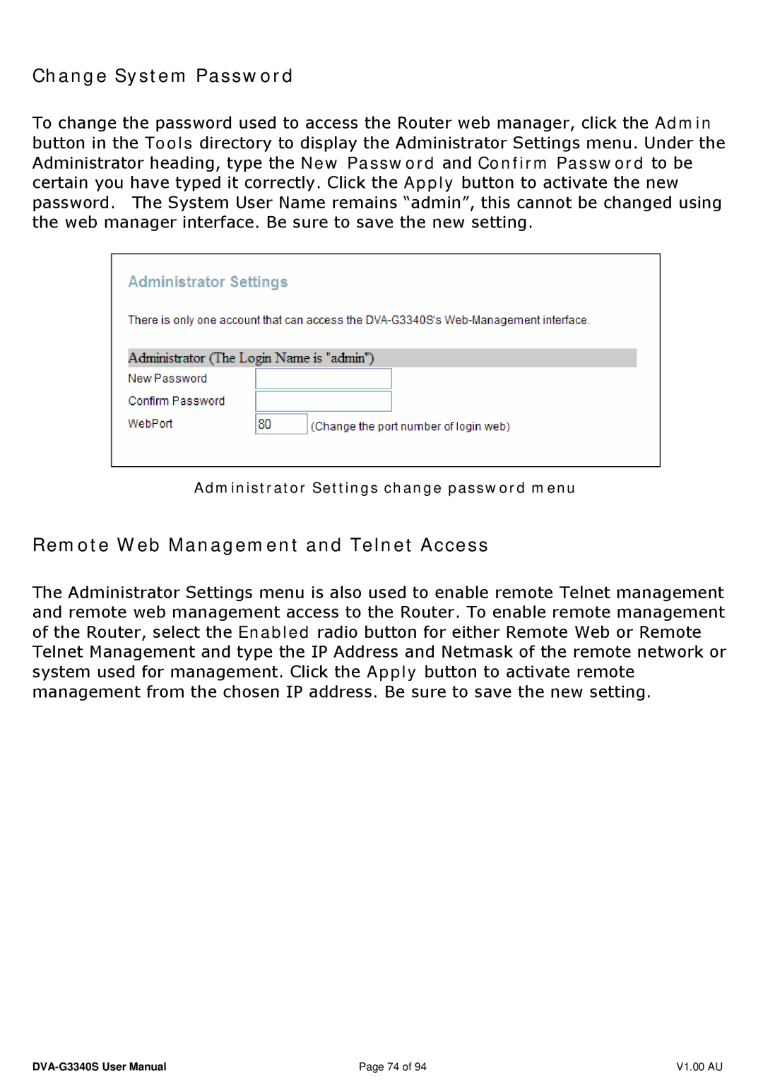 D-Link DVA-G3340S manual Change System Password, Remote Web Management and Telnet Access 