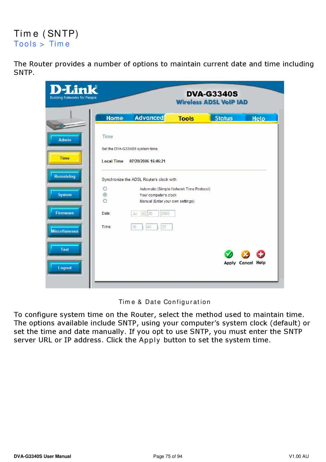 D-Link DVA-G3340S manual Time Sntp, Tools Time 