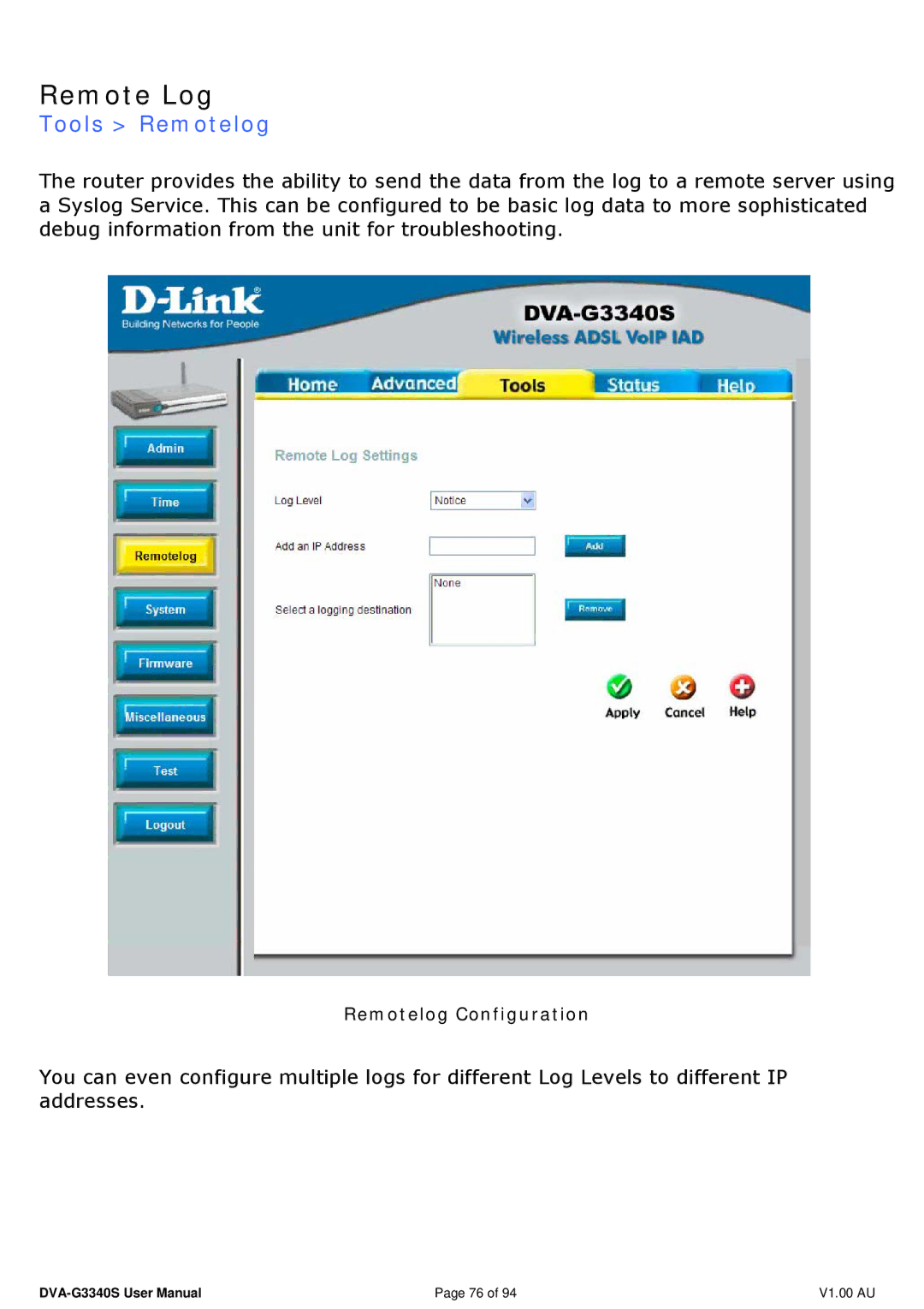 D-Link DVA-G3340S manual Remote Log, Tools Remotelog 