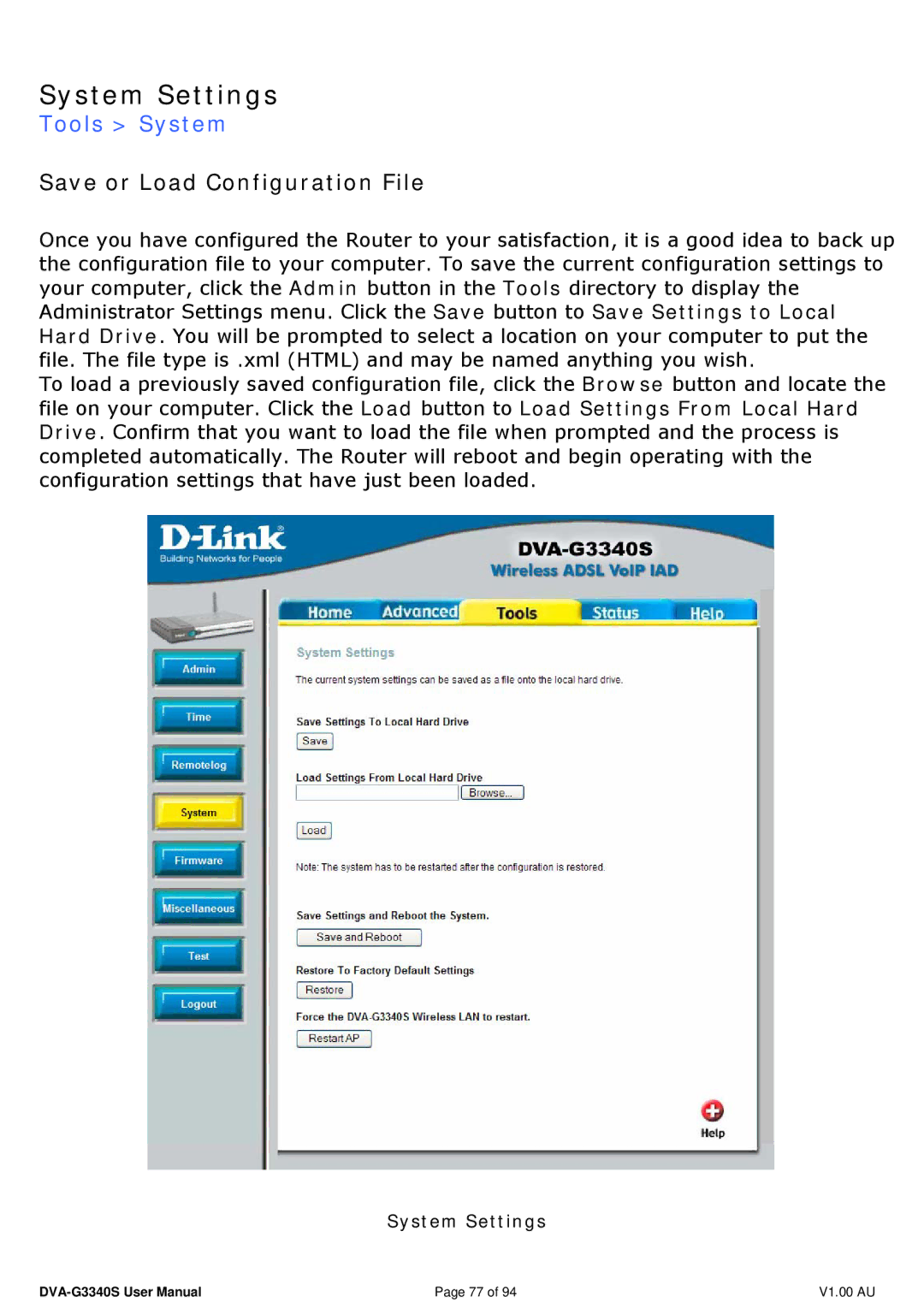 D-Link DVA-G3340S manual System Settings, Tools System, Save or Load Configuration File 