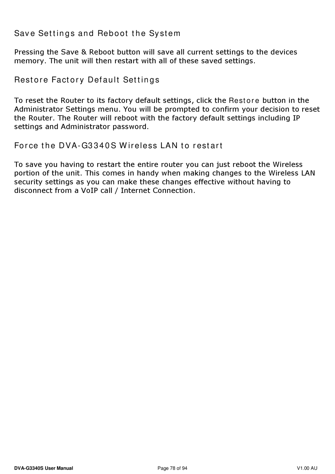 D-Link DVA-G3340S manual Save Settings and Reboot the System, Restore Factory Default Settings 