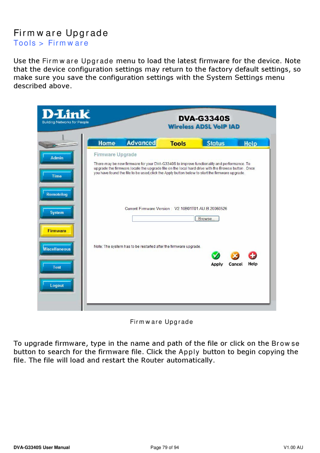 D-Link DVA-G3340S manual Firmware Upgrade, Tools Firmware 