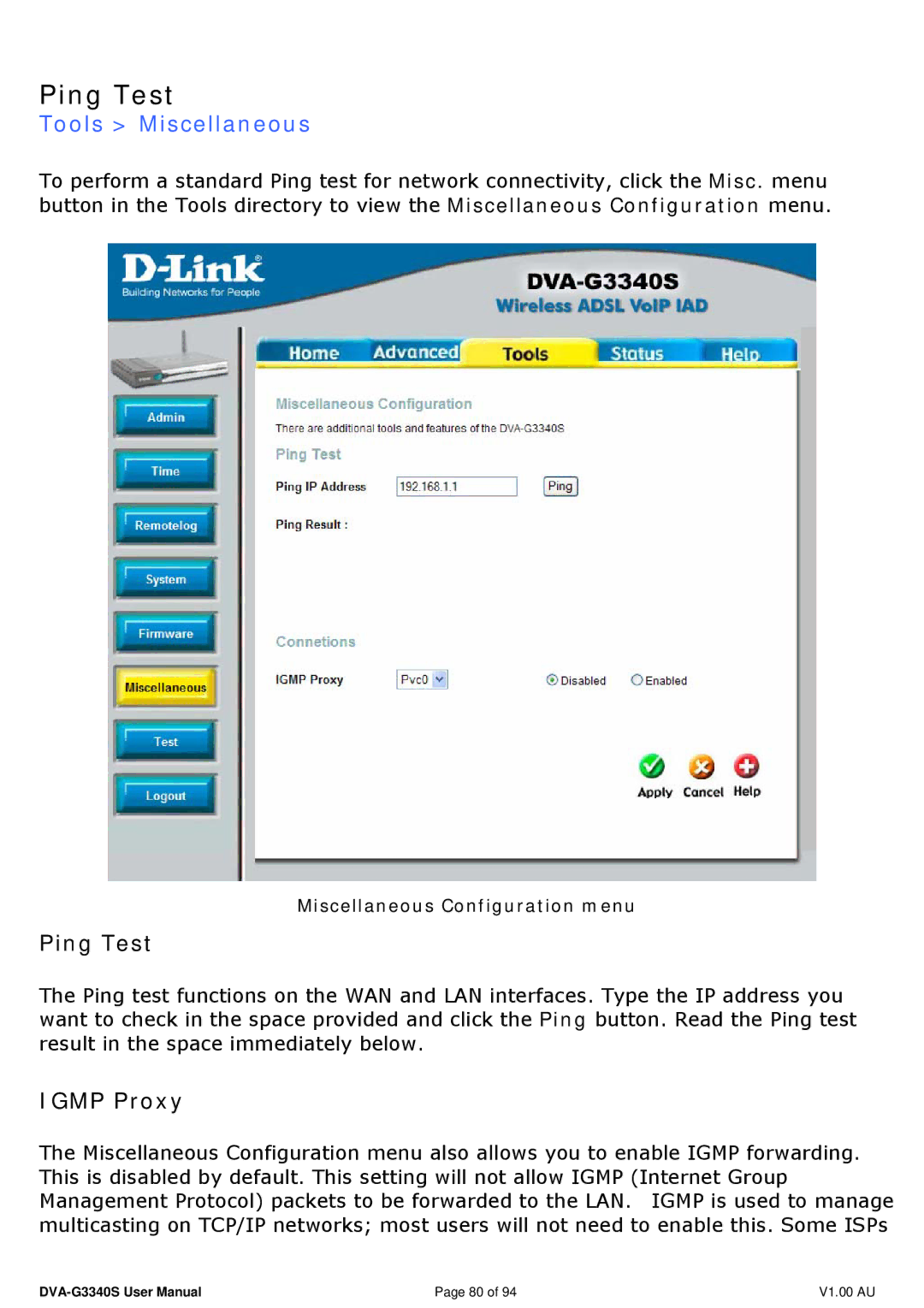 D-Link DVA-G3340S manual Ping Test, Tools Miscellaneous, Igmp Proxy 