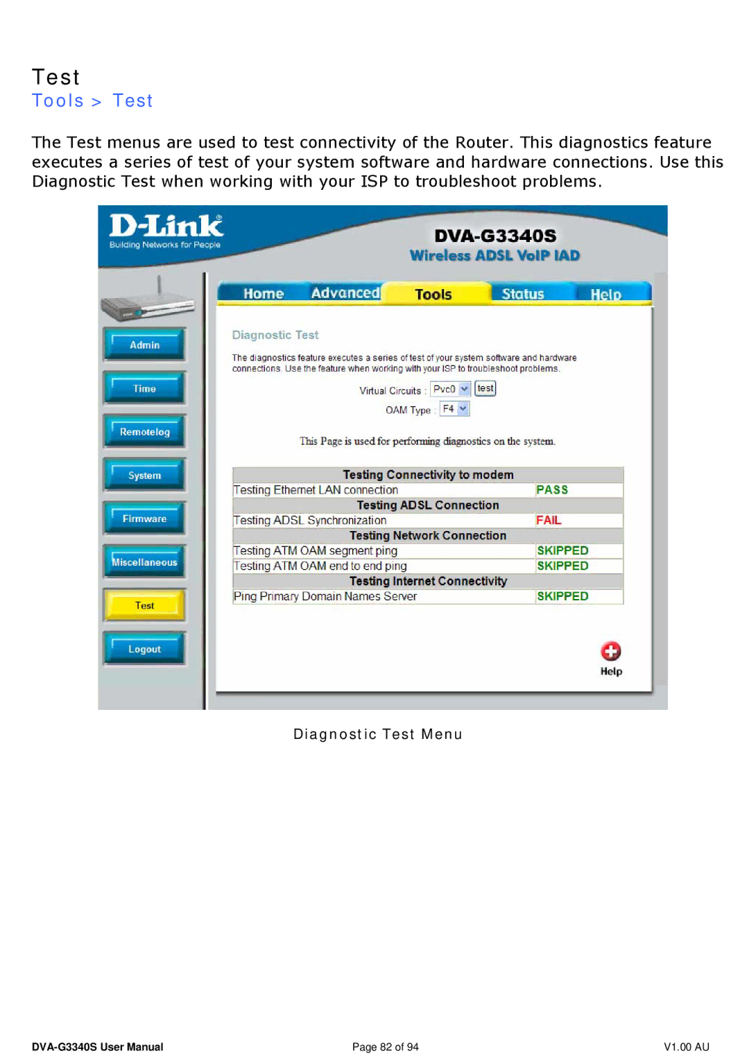 D-Link DVA-G3340S manual Tools Test 