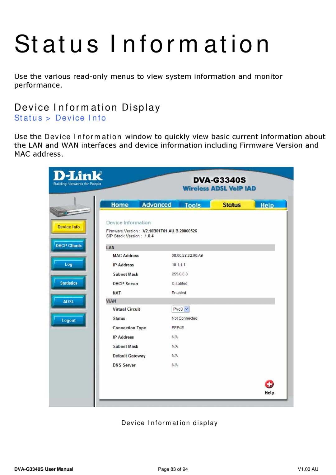 D-Link DVA-G3340S manual Device Information Display, Status Device Info 