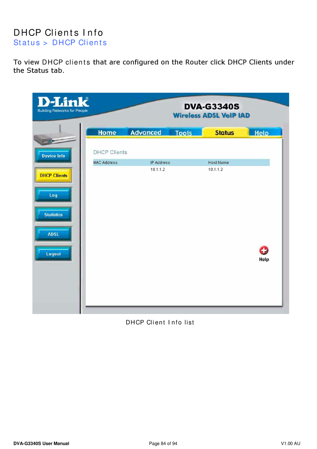 D-Link DVA-G3340S manual Dhcp Clients Info, Status Dhcp Clients 