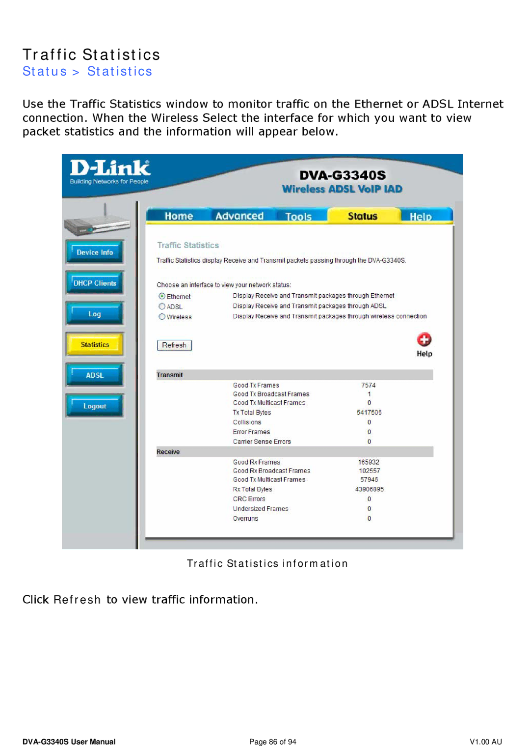 D-Link DVA-G3340S manual Traffic Statistics, Status Statistics 