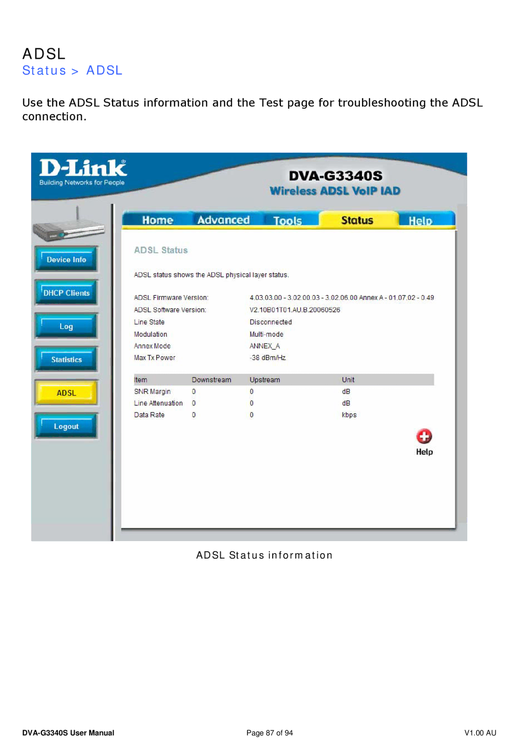 D-Link DVA-G3340S manual Status Adsl 